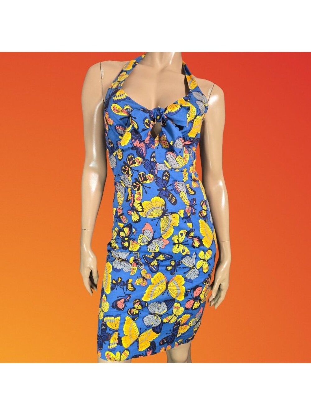 Vintage Y2K Betsey Johnson Butterfly Print Dress Size 2 Blue Cotton Halter Retro